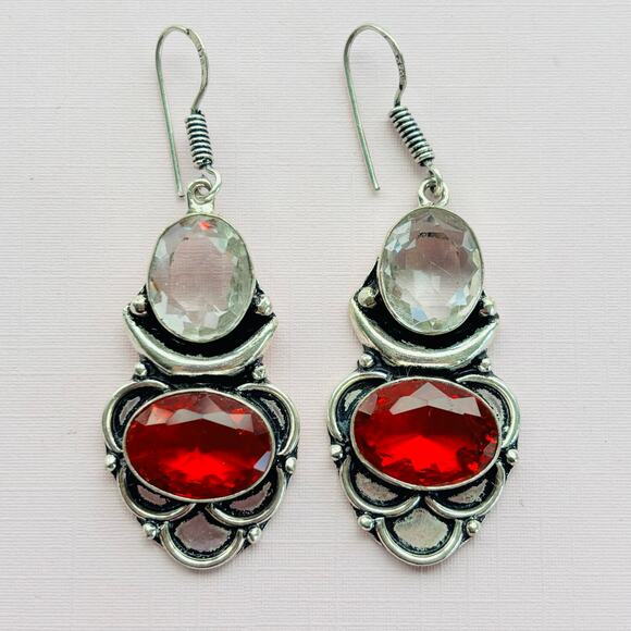 925 Sterling Garnet & White Topaz Dangle Earrings - Picture 3 of 6